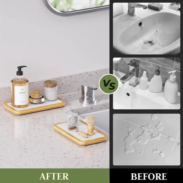 Alt view image 7 of 7 - Water Absorbing Stone Tray for Sink, Kitchen Sink Caddy Organizer, Diatomite Bathroom Vanity Counter Tray, Soap Dispenser Sponge Holder, Fast Drying Stone Faucet Mat with Bamboo Tray