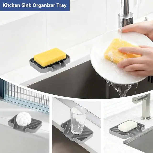 Alt view image 4 of 7 - JACZZO Silicone Soap Dish for Shower and Bathroom - Small Bar Soap Holder with Self Draining Spout - Non-Slip Sink Tray Organizer for Kitchen Counter and Narrow Ledge, Gray (3.5" x 5")