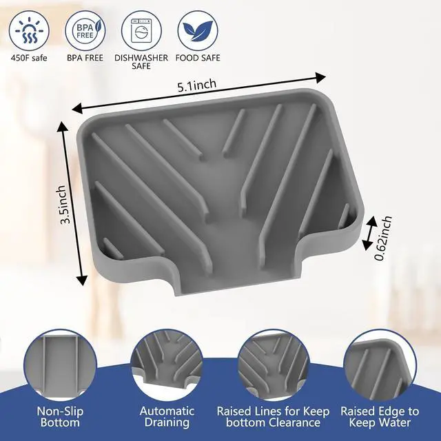 Alt view image 2 of 7 - JACZZO Silicone Soap Dish for Shower and Bathroom - Small Bar Soap Holder with Self Draining Spout - Non-Slip Sink Tray Organizer for Kitchen Counter and Narrow Ledge, Gray (3.5" x 5")