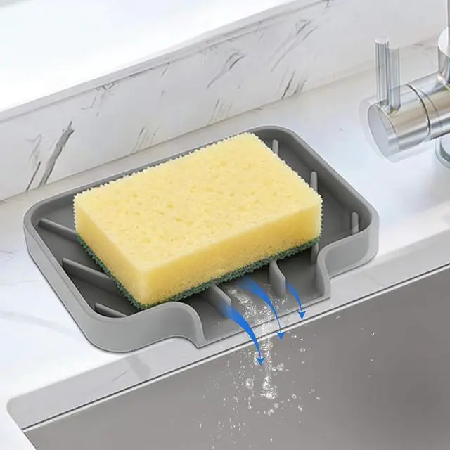 Main image of JACZZO Silicone Soap Dish for Shower and Bathroom - Small Bar Soap Holder with Self Draining Spout - Non-Slip Sink Tray Organizer for Kitchen Counter and Narrow Ledge, Gray (3.5" x 5")