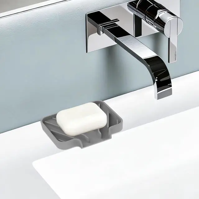 Alt view image 7 of 7 - JACZZO Silicone Soap Dish for Shower and Bathroom - Small Bar Soap Holder with Self Draining Spout - Non-Slip Sink Tray Organizer for Kitchen Counter and Narrow Ledge, Gray (3.5" x 5")