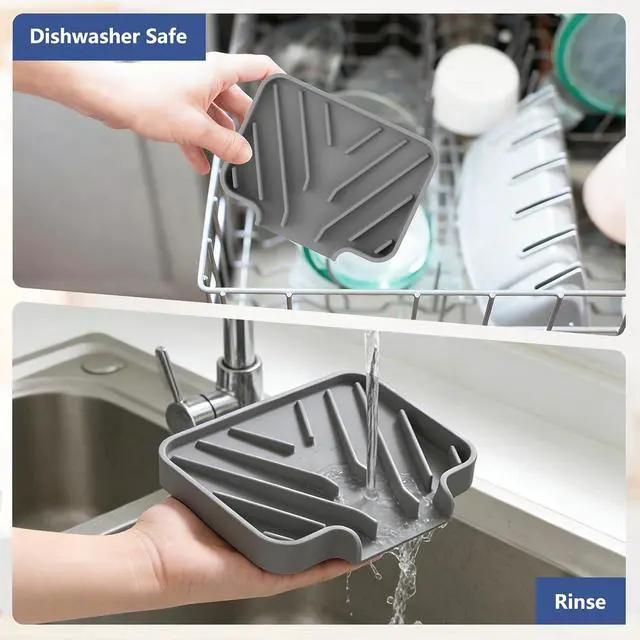 Alt view image 5 of 7 - JACZZO Silicone Soap Dish for Shower and Bathroom - Small Bar Soap Holder with Self Draining Spout - Non-Slip Sink Tray Organizer for Kitchen Counter and Narrow Ledge, Gray (3.5" x 5")