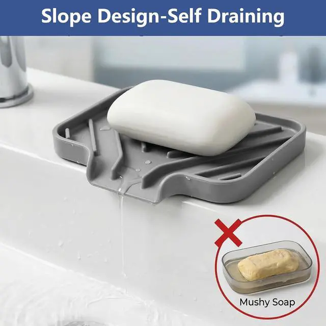 Alt view image 3 of 7 - JACZZO Silicone Soap Dish for Shower and Bathroom - Small Bar Soap Holder with Self Draining Spout - Non-Slip Sink Tray Organizer for Kitchen Counter and Narrow Ledge, Gray (3.5" x 5")