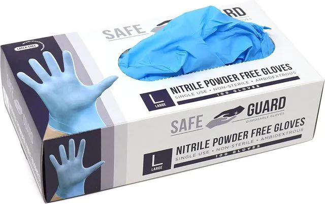 Main image of Safeguard Nitrile Disposable Gloves, Powder Free, Food Grade Gloves, (SYNCHKG082507), Box, Large (100 Count)