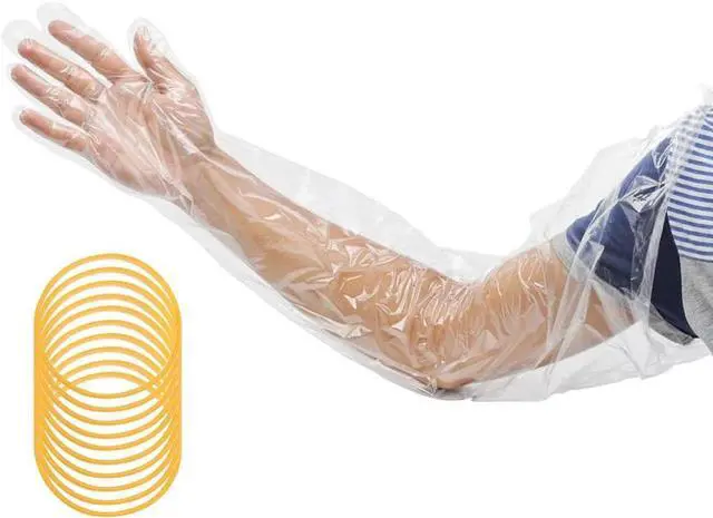 Main image of 50 Pcs Disposable Long Gloves Full Arm Shoulder Length 35.5 Inch Plastic Dressing Gutting Gloves for Field Dressing House Cleaning Gardening (Come with 20 Free Rubber Bands)