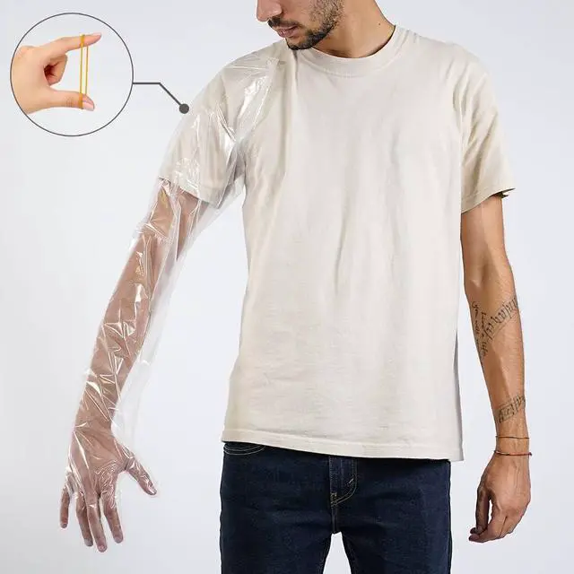 Alt view image 2 of 7 - 50 Pcs Disposable Long Gloves Full Arm Shoulder Length 35.5 Inch Plastic Dressing Gutting Gloves for Field Dressing House Cleaning Gardening (Come with 20 Free Rubber Bands)