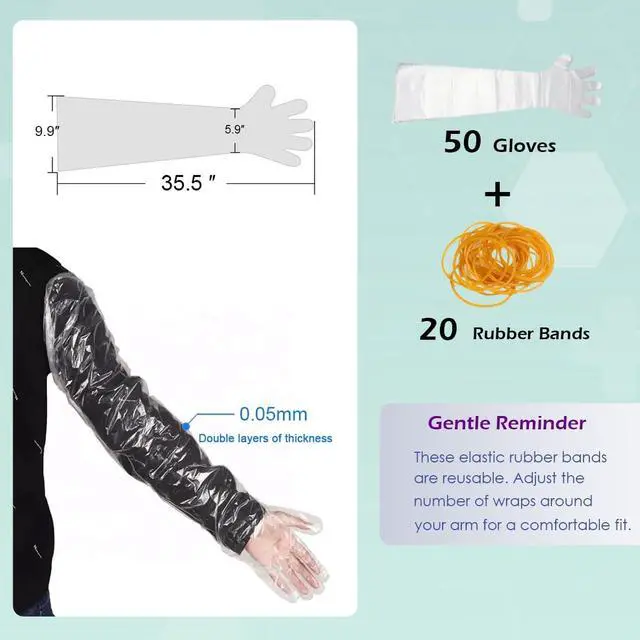 Alt view image 3 of 7 - 50 Pcs Disposable Long Gloves Full Arm Shoulder Length 35.5 Inch Plastic Dressing Gutting Gloves for Field Dressing House Cleaning Gardening (Come with 20 Free Rubber Bands)