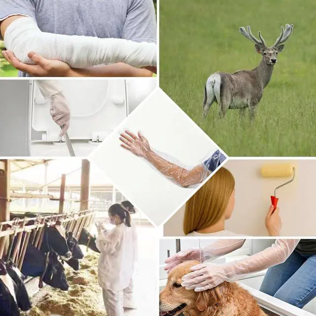 Alt view image 7 of 7 - 50 Pcs Disposable Long Gloves Full Arm Shoulder Length 35.5 Inch Plastic Dressing Gutting Gloves for Field Dressing House Cleaning Gardening (Come with 20 Free Rubber Bands)