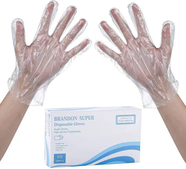 Main image of Brandon-super Disposable Food Prep Gloves - 500 Piece Plastic Food Safe Disposable Gloves, Food Handling, One Size Fits Most 500 PCS