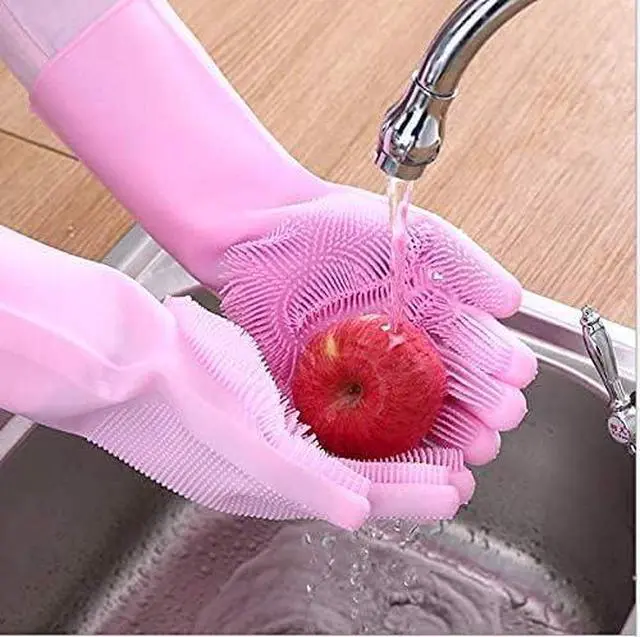 Alt view image 2 of 6 - Silicone Dishwashing Gloves, Pet Grooming Rubber Scrubbing for Dishes, Sponge Wash Cleaning with Scrubbers (13.6" L)