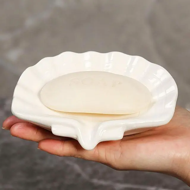 Main image of Ceramic Soap Holder, Sea-Shell Soap Tray with Self Draining, Soap Tray for Sink Washroom Bathroom Shower, Small Cute and Elegant Holder with Glaze, Easy Cleaning (White)