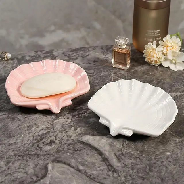 Alt view image 2 of 7 - Ceramic Soap Holder, Sea-Shell Soap Tray with Self Draining, Soap Tray for Sink Washroom Bathroom Shower, Small Cute and Elegant Holder with Glaze, Easy Cleaning (White)