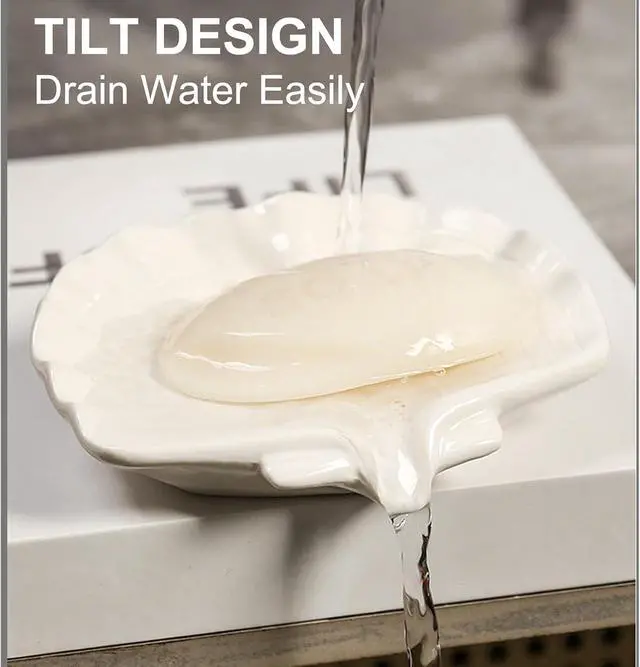 Alt view image 3 of 7 - Ceramic Soap Holder, Sea-Shell Soap Tray with Self Draining, Soap Tray for Sink Washroom Bathroom Shower, Small Cute and Elegant Holder with Glaze, Easy Cleaning (White)
