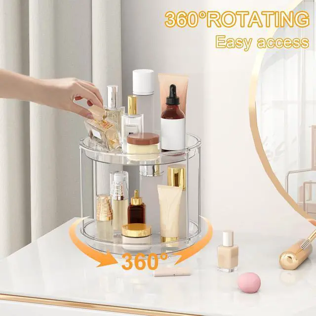 Alt view image 2 of 7 - 360 Rotating Makeup Organizer, 2 Tier Skincare & Perfume Holder for Bathroom Counter, Clear Spinning Vanity Tray, Lazy Susan Turntable Organizer for Dresser, Kitchen Cabinet