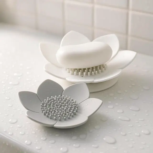 Main image of 2 Pack Lotus Shower Steamer Trays, Silicone Soap Holder with Self Draining - Elegant White & Gray Lotus Flower Shape Soap Dish, Perfect for Bathroom Counter, Kitchen Sink, Shower Organizer