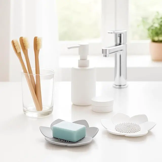 Alt view image 3 of 7 - 2 Pack Lotus Shower Steamer Trays, Silicone Soap Holder with Self Draining - Elegant White & Gray Lotus Flower Shape Soap Dish, Perfect for Bathroom Counter, Kitchen Sink, Shower Organizer