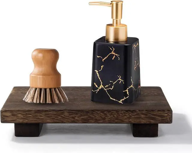 Alt view image 4 of 7 - Small Wood Tray Pedestal Stand Farmhouse Bathroom Decor Decorative Wooden Riser Kitchen Soap Dish Holder for Vanity, Counter, Sink, 9" x 6"
