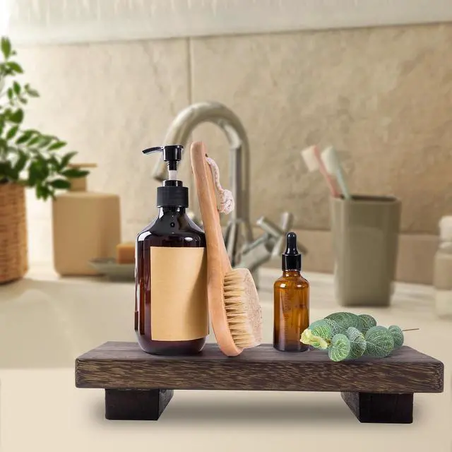 Alt view image 5 of 7 - Small Wood Tray Pedestal Stand Farmhouse Bathroom Decor Decorative Wooden Riser Kitchen Soap Dish Holder for Vanity, Counter, Sink, 9" x 6"