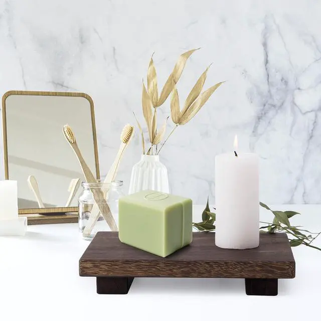 Alt view image 7 of 7 - Small Wood Tray Pedestal Stand Farmhouse Bathroom Decor Decorative Wooden Riser Kitchen Soap Dish Holder for Vanity, Counter, Sink, 9" x 6"