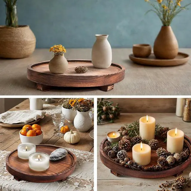 Alt view image 5 of 7 - DEBETOOL Round Rustic Wood Decorative Tray