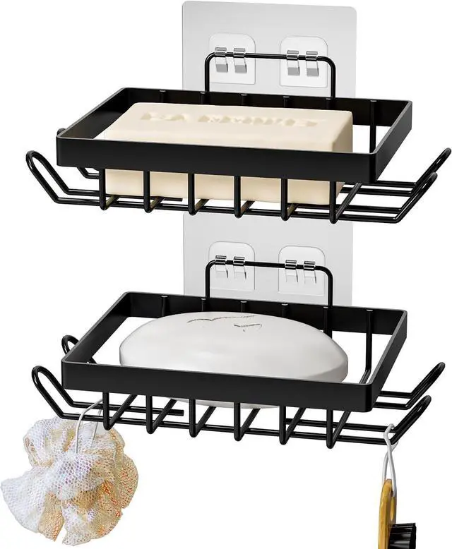 Main image of Vowupt Soap Bar Holder for Shower with 8 Hooks, Set of 2 Bar Soap Dish for Bathroom, Self Draining Shower Soaps Holder, Adhesive Soaps Saver Soap Tray Stand for Bathroom Accessories(Black)