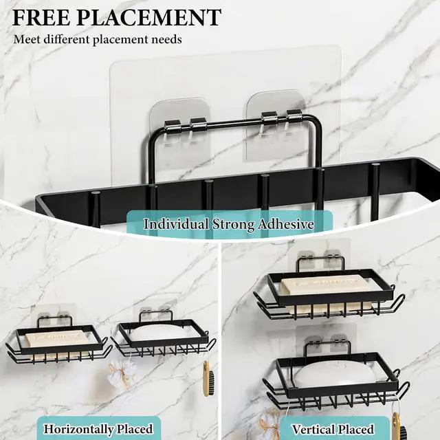 Alt view image 2 of 7 - Vowupt Soap Bar Holder for Shower with 8 Hooks, Set of 2 Bar Soap Dish for Bathroom, Self Draining Shower Soaps Holder, Adhesive Soaps Saver Soap Tray Stand for Bathroom Accessories(Black)