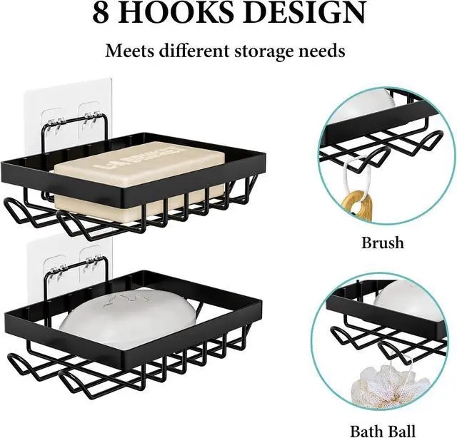 Alt view image 3 of 7 - Vowupt Soap Bar Holder for Shower with 8 Hooks, Set of 2 Bar Soap Dish for Bathroom, Self Draining Shower Soaps Holder, Adhesive Soaps Saver Soap Tray Stand for Bathroom Accessories(Black)