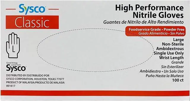 Main image of SYSCO HIGH Performance Nitrile Gloves Large Powder Free, Blue, Clear, 100 Count