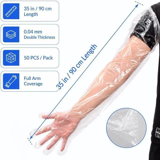 Alt view image 2 of 7 - Anxingo 50Pcs Disposable Plastic Veterinary Insemination Rectal Long Arm Gloves for Field Dressing Gutting 35 inch Length