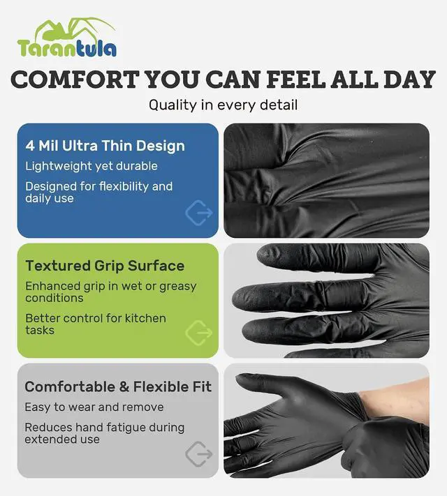 Alt view image 5 of 7 - 4 Mil Disposable Nitrile Gloves, Black, Large, Food Safe, Powder-Free