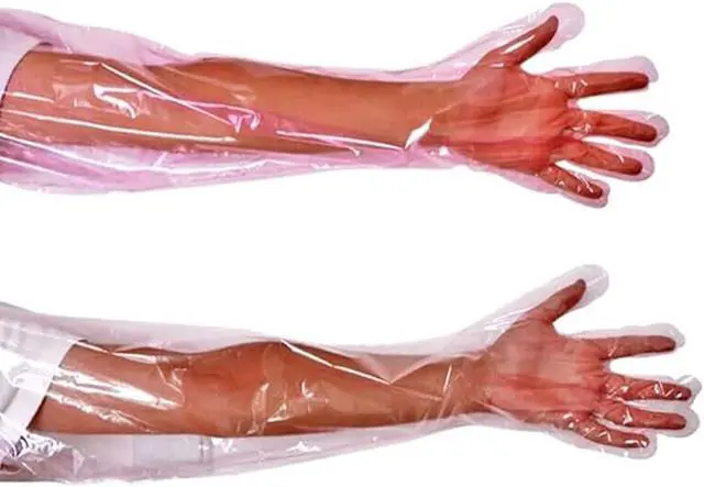 Alt view image 3 of 7 - 50pcs Disposable Long Plastic Gloves, Veterinary Insemination Gloves, Full Arm Long Sleeve, Field Dressing, 35 Inches, Transparent, Waterproof
