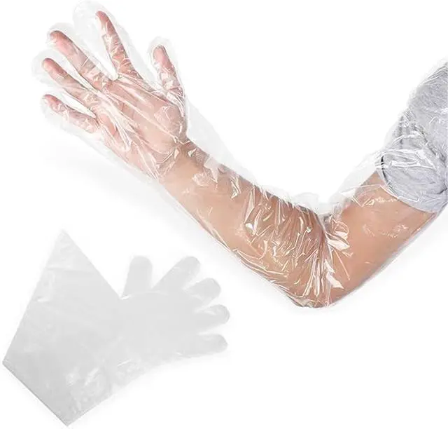 Alt view image 5 of 7 - 50pcs Disposable Long Plastic Gloves, Veterinary Insemination Gloves, Full Arm Long Sleeve, Field Dressing, 35 Inches, Transparent, Waterproof