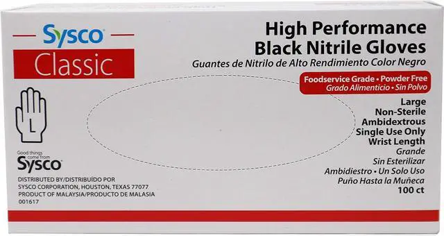 Main image of Sysco Nitrile High Performance Gloves, Powder Free, Food Grade, Disposable (100 Gloves Pack) (Large - Black)