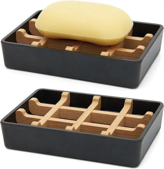Main image of Bamboo Soap Dishes for Shower with Drainage Wooden Soap Bar Holder for Bathroom Soap Tray Easy to Clean, Durable and with Non-Slip Pads(Single Black Square)