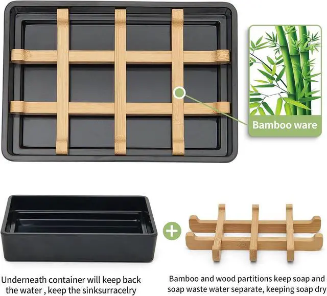 Alt view image 2 of 7 - Bamboo Soap Dishes for Shower with Drainage Wooden Soap Bar Holder for Bathroom Soap Tray Easy to Clean, Durable and with Non-Slip Pads(Single Black Square)