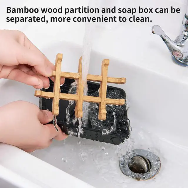 Alt view image 4 of 7 - Bamboo Soap Dishes for Shower with Drainage Wooden Soap Bar Holder for Bathroom Soap Tray Easy to Clean, Durable and with Non-Slip Pads(Single Black Square)