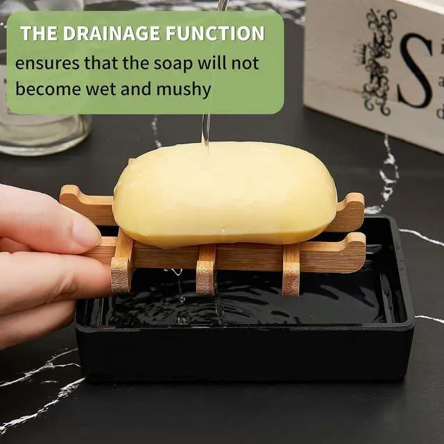 Alt view image 3 of 7 - Bamboo Soap Dishes for Shower with Drainage Wooden Soap Bar Holder for Bathroom Soap Tray Easy to Clean, Durable and with Non-Slip Pads(Single Black Square)
