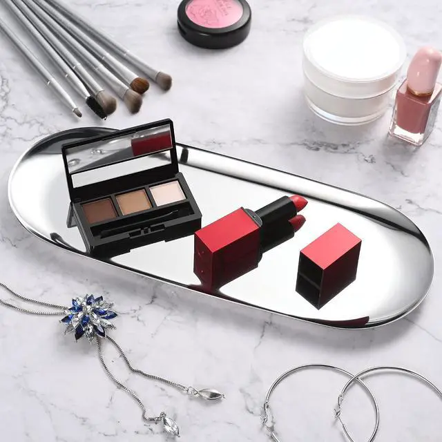 Alt view image 5 of 6 - Silver Oval Vanity Tray, Stainless Steel Jewelry Tray, Bathroom Tray, Makeup Cosmetic Trays,Towel Napkin Tray,Storage Organizer,11.8 x 4.8 inches (L*W), Large