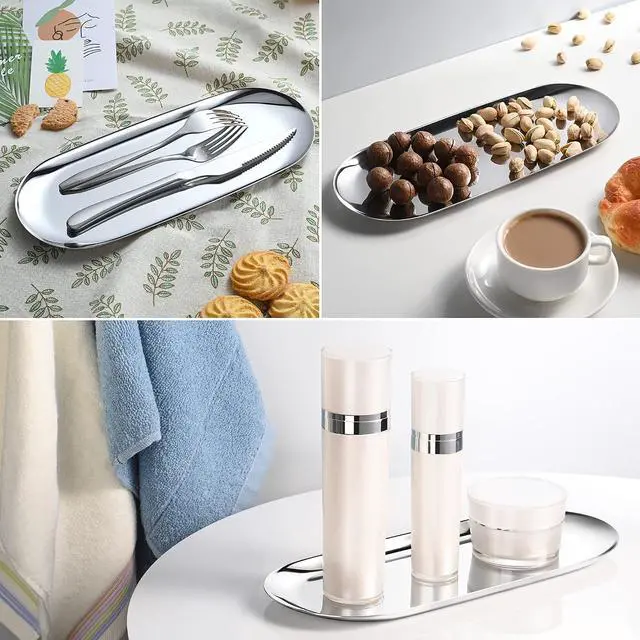 Alt view image 6 of 6 - Silver Oval Vanity Tray, Stainless Steel Jewelry Tray, Bathroom Tray, Makeup Cosmetic Trays,Towel Napkin Tray,Storage Organizer,11.8 x 4.8 inches (L*W), Large