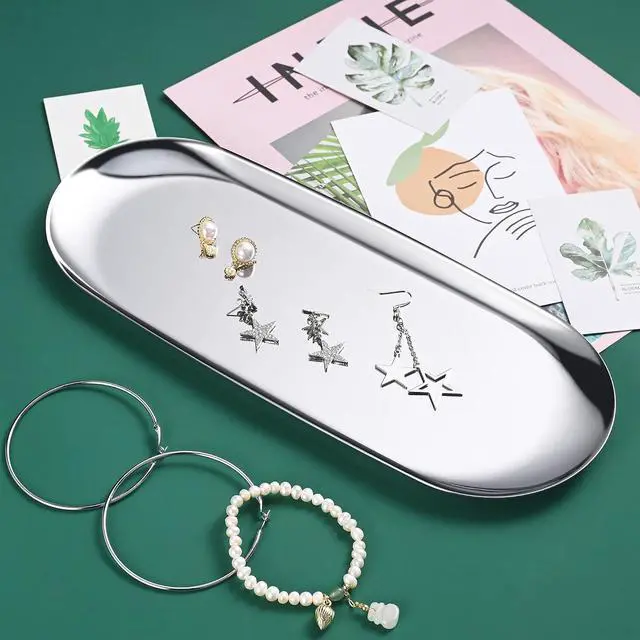 Alt view image 4 of 6 - Silver Oval Vanity Tray, Stainless Steel Jewelry Tray, Bathroom Tray, Makeup Cosmetic Trays,Towel Napkin Tray,Storage Organizer,11.8 x 4.8 inches (L*W), Large