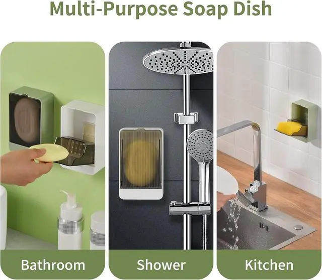 Alt view image 6 of 7 - Soap Holder Dish Shower, 2 Pack Bar Soap Holder with Drainage, Self Draining Soap Holder, Wall Mounted Soap Box Tray Container for Bathroom, Bathtub Kitchen Sink, No Drilling, 4 Adhesive Include