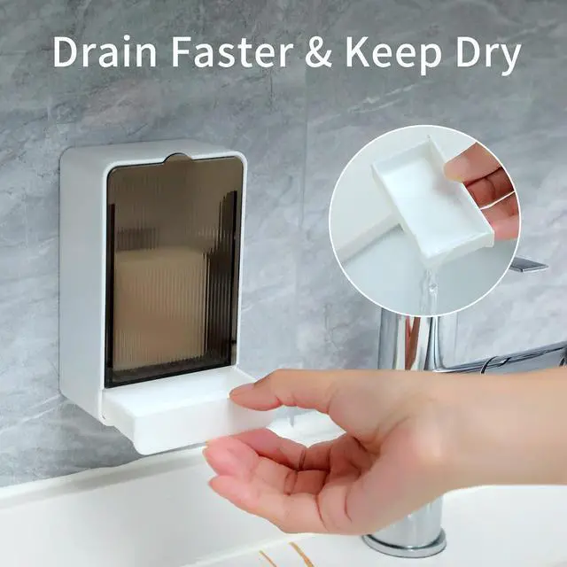 Alt view image 4 of 7 - Bar Soap Holder Dish Shower 2 PCS Self Draining Soap Container with Lid, Wall Mounted Soap Box Tray for Bathroom Bathtub Sink, Waterproof White, Adhesive Include (White)