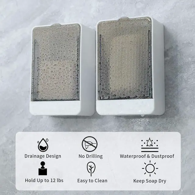 Alt view image 3 of 7 - Bar Soap Holder Dish Shower 2 PCS Self Draining Soap Container with Lid, Wall Mounted Soap Box Tray for Bathroom Bathtub Sink, Waterproof White, Adhesive Include (White)