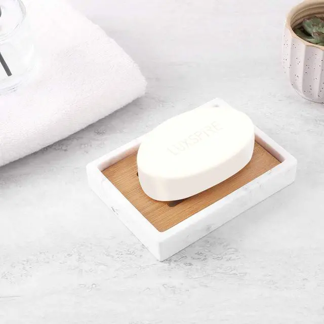 Alt view image 2 of 7 - Luxspire Bamboo Soap Dish, Resin Holder with Drainage, Gravel White