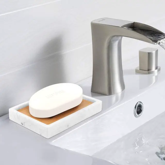 Alt view image 7 of 7 - Luxspire Bamboo Soap Dish, Resin Holder with Drainage, Gravel White