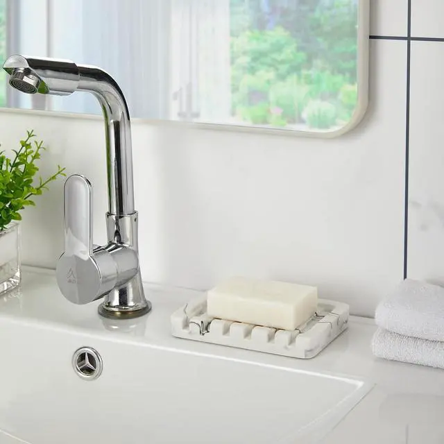 Alt view image 4 of 7 - INIUNIK Self Draining Soap Dish - Marble Look Soap Holder Tray Savers Box Container Sponge Holder for Bathroom Shower Kitchen, White