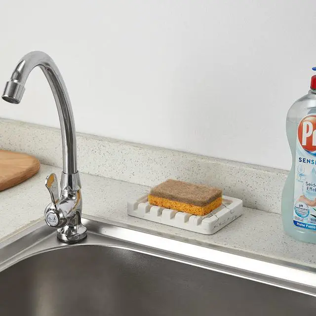 Alt view image 5 of 7 - INIUNIK Self Draining Soap Dish - Marble Look Soap Holder Tray Savers Box Container Sponge Holder for Bathroom Shower Kitchen, White