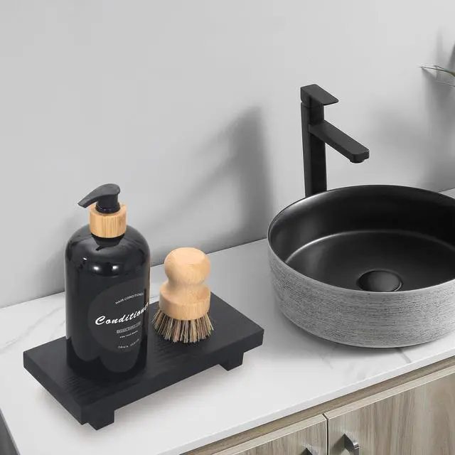 Alt view image 2 of 7 - Black Wooden Bathroom Sink Counter Tray Decor Small Pedestal Stand Display