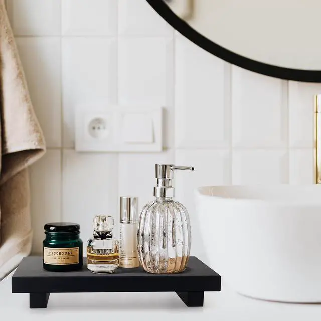 Alt view image 3 of 7 - Black Wooden Bathroom Sink Counter Tray Decor Small Pedestal Stand Display
