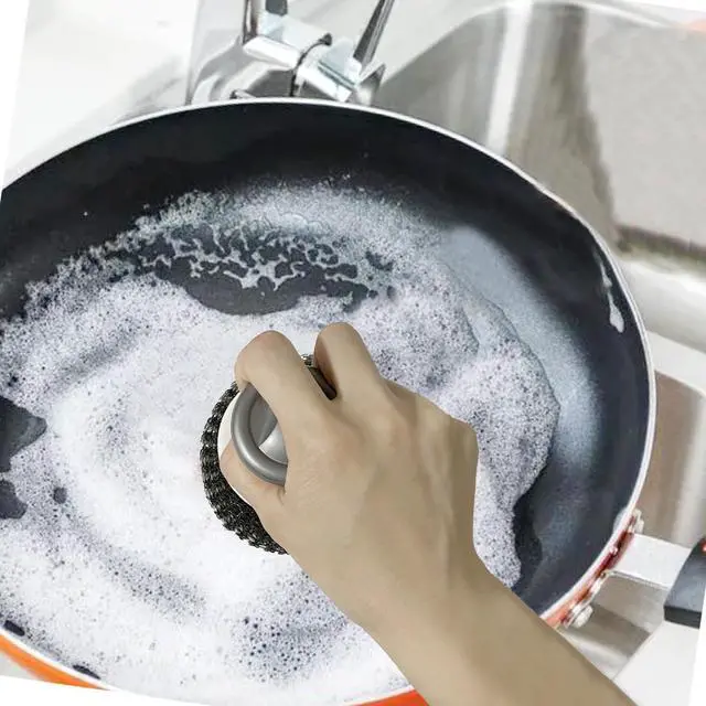 Alt view image 4 of 7 - Stainless Steel Wool Scrubber with Handle, Heavy Duty Dish Scrubber, Steel Brush for Cleaning Pots, Pans, Grills, Sink (4 Pack)